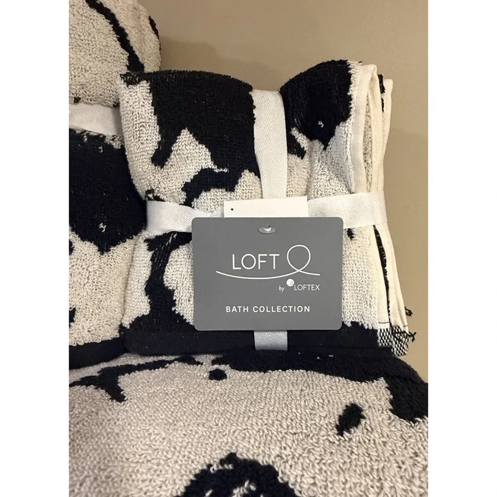 New Loft Loftex Stunning Black Ivory Color Blocked Floral 6 Towels‎ Washcloths